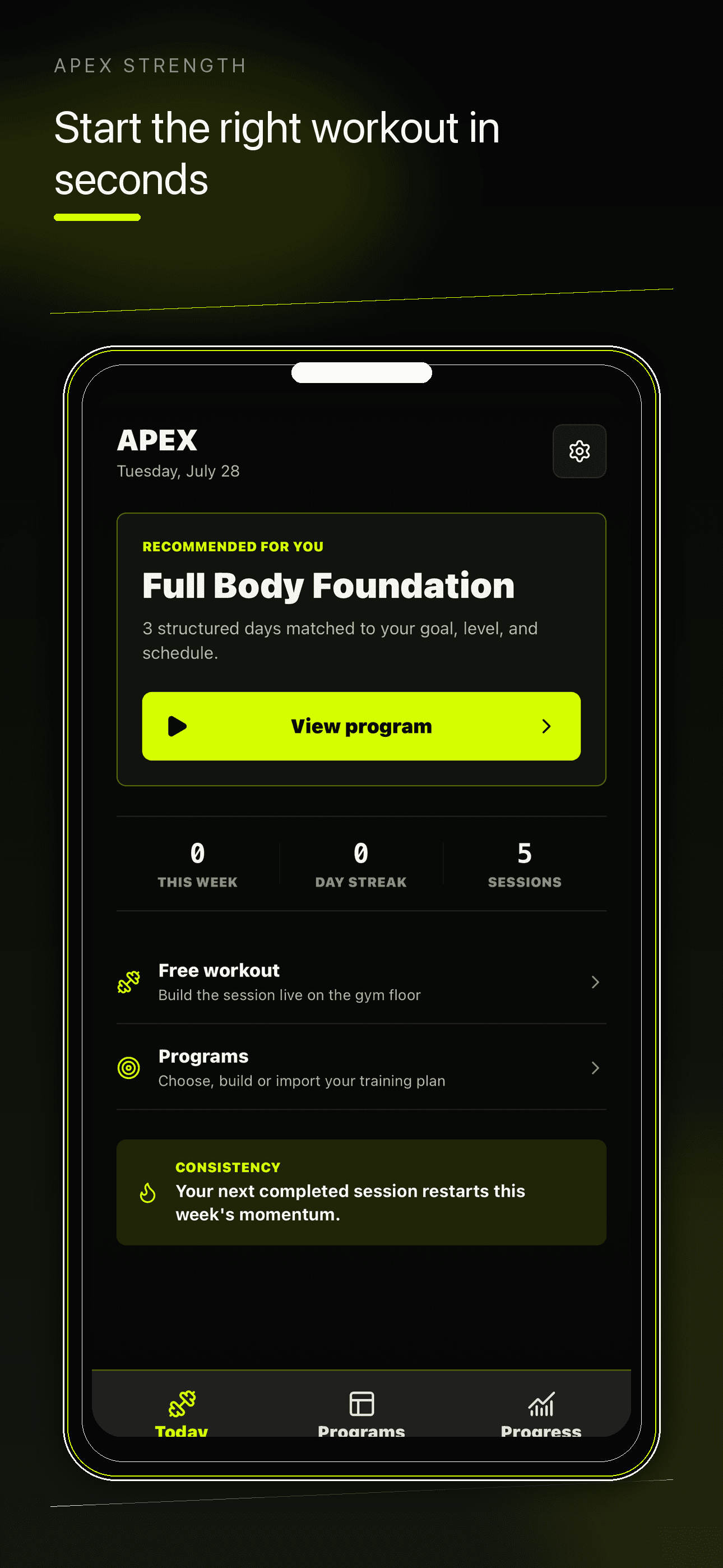 Apex Strength workout dashboard